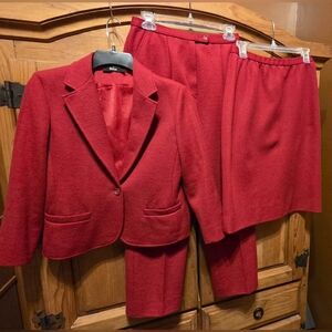 Womens 3pc Red Suit Pants Skirt Jacket Set (6) Small James Kenrob by Dalton Vtg